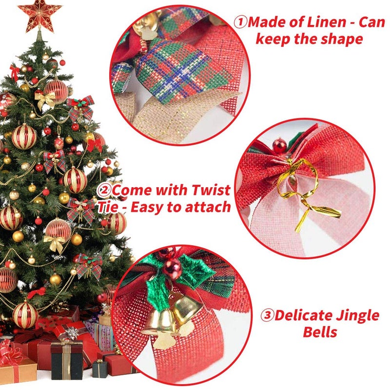 YBB 12 Pack Christmas Red Green Plaid Tree Bows, Linen Bowknot Wreath Bow with Jingle Bells for Christmas Garland Tree, Crafts, Wrapping, Wreath Xmas Hanging Ornaments Decor - Image 3